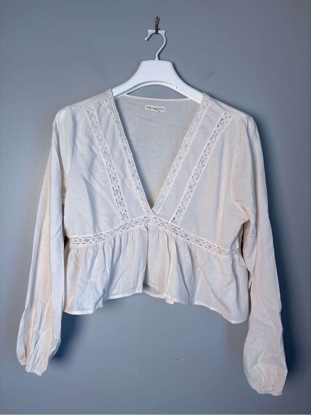 Aéropostale off-White Cotton Lace Trim Deep V-Neck Peplum Blouse Top XL Boho